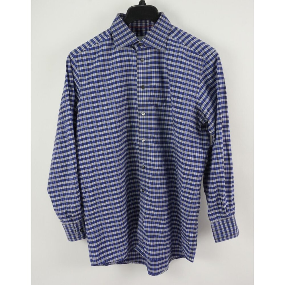 Eton Men's 16.5 XL Long Sleeve Blue White Gray Custom Plaid Spread Dress Shirt